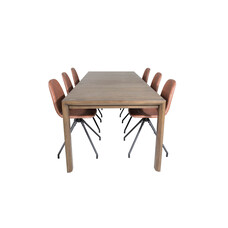 ebuy24 SliderOS eethoek eetkamertafel uitschuifbare tafel lengte cm 170 / 250 rokerig eik en 6 Polar eetkamerstal PU kunstleer bruin.