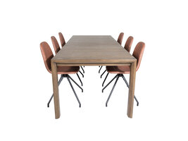 ebuy24 SliderOS eethoek eetkamertafel uitschuifbare tafel lengte cm 170 / 250 rokerig eik en 6 Polar eetkamerstal PU kunstleer bruin.