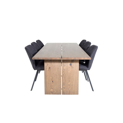 ebuy24 Logger eethoek eetkamertafel uitschuifbare tafel lengte cm 210 / 310 rokerig eik en 6 Gemma eetkamerstal zwart.