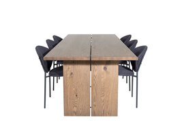 ebuy24 Logger eethoek eetkamertafel uitschuifbare tafel lengte cm 210 / 310 rokerig eik en 6 Vault eetkamerstal zwart.