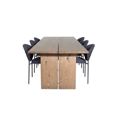 ebuy24 Logger eethoek eetkamertafel uitschuifbare tafel lengte cm 210 / 310 rokerig eik en 6 Vault eetkamerstal zwart.