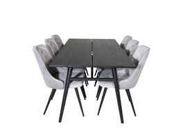 ebuy24 Sleek eethoek eetkamertafel uitschuifbare tafel lengte cm 195 / 280 zwart en 6 Velvet Deluxe eetkamerstal velours lichtgrijs.