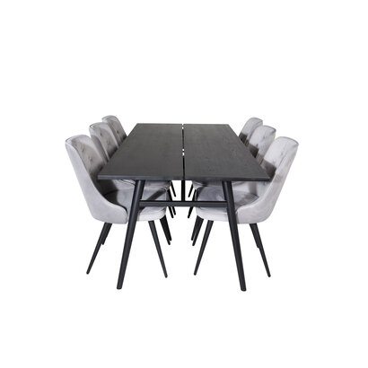 ebuy24 Sleek eethoek eetkamertafel uitschuifbare tafel lengte cm 195 / 280 zwart en 6 Velvet Deluxe eetkamerstal velours lichtgrijs.
