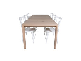 ebuy24 SliderWW eethoek eetkamertafel uitschuifbare tafel lengte cm 170 / 250 eik wit washeded en 6 Mariannelund eetkamerstal wit.