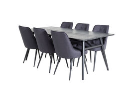 ebuy24 Sleek eethoek eetkamertafel uitschuifbare tafel lengte cm 195 / 280 zwart en 6 Velvet Deluxe eetkamerstal zwart.