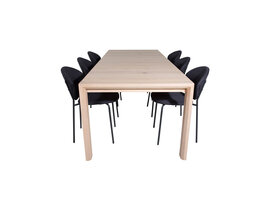 ebuy24 SliderWW eethoek eetkamertafel uitschuifbare tafel lengte cm 170 / 250 eik wit washeded en 6 Vault eetkamerstal zwart.