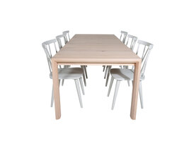 ebuy24 SliderWW eethoek eetkamertafel uitschuifbare tafel lengte cm 170 / 250 eik wit washeded en 6 Mariannelund eetkamerstal grijs.