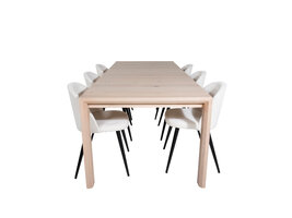 ebuy24 SliderWW eethoek eetkamertafel uitschuifbare tafel lengte cm 170 / 250 eik wit washeded en 6 Velvet eetkamerstal fluweel beige, zwart.