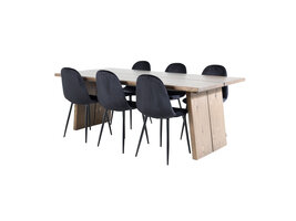 ebuy24 Logger eethoek eetkamertafel uitschuifbare tafel lengte cm 210 / 310 rokerig eik en 6 Polar eetkamerstal velours zwart.