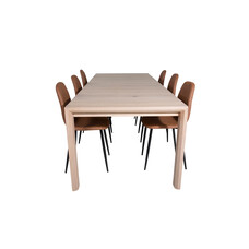 ebuy24 SliderWW eethoek eetkamertafel uitschuifbare tafel lengte cm 170 / 250 eik wit washeded en 6 Polar eetkamerstal PU kunstleer bruin.