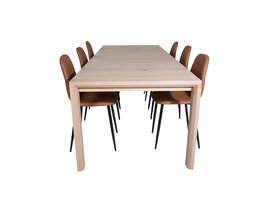 ebuy24 SliderWW eethoek eetkamertafel uitschuifbare tafel lengte cm 170 / 250 eik wit washeded en 6 Polar eetkamerstal PU kunstleer bruin.