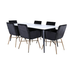 ebuy24 Jimmy195 eethoek eetkamertafel uitschuifbare tafel lengte cm 195 / 285 wit en 6 Pippi eetkamerstal velours zwart.