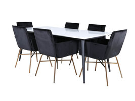 ebuy24 Jimmy195 eethoek eetkamertafel uitschuifbare tafel lengte cm 195 / 285 wit en 6 Pippi eetkamerstal velours zwart.