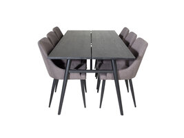 ebuy24 Sleek eethoek eetkamertafel uitschuifbare tafel lengte cm 195 / 280 zwart en 6 Plaza eetkamerstal grijs, zwart.