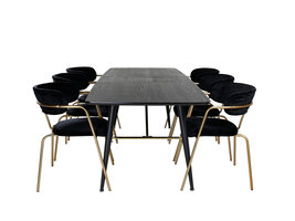 ebuy24 Gold eethoek eetkamertafel uitschuifbare tafel lengte cm 180 / 220 zwart en 6 Arrow eetkamerstal velours zwart.