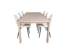 ebuy24 SliderWW eethoek eetkamertafel uitschuifbare tafel lengte cm 170 / 250 eik wit washeded en 6 Polar Fluff eetkamerstal Teddy wit.