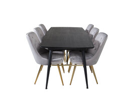 ebuy24 Gold eethoek eetkamertafel uitschuifbare tafel lengte cm 180 / 220 zwart en 6 Velvet Deluxe eetkamerstal velours lichtgrijs, messing decor.