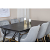 ebuy24 Gold eethoek eetkamertafel uitschuifbare tafel lengte cm 180 / 220 zwart en 6 Velvet Deluxe eetkamerstal velours lichtgrijs, messing decor.