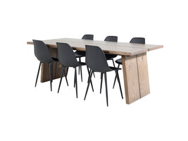 ebuy24 Logger eethoek eetkamertafel uitschuifbare tafel lengte cm 210 / 310 rokerig eik en 6 Polar eetkamerstal zwart.