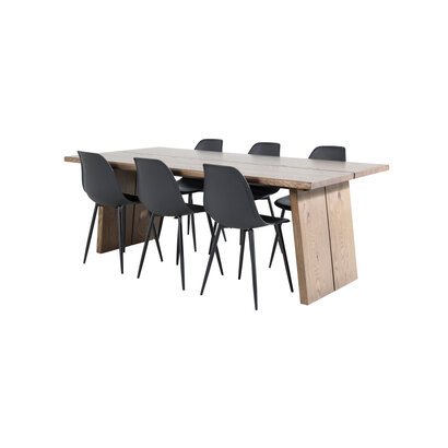 ebuy24 Logger eethoek eetkamertafel uitschuifbare tafel lengte cm 210 / 310 rokerig eik en 6 Polar eetkamerstal zwart.