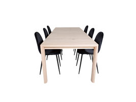 ebuy24 SliderWW eethoek eetkamertafel uitschuifbare tafel lengte cm 170 / 250 eik wit washeded en 6 Polar eetkamerstal velours zwart.