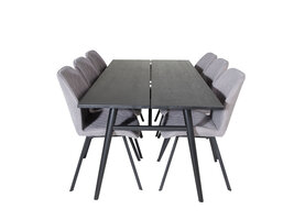 ebuy24 Sleek eethoek eetkamertafel uitschuifbare tafel lengte cm 195 / 280 zwart en 6 Gemma eetkamerstal grijs.