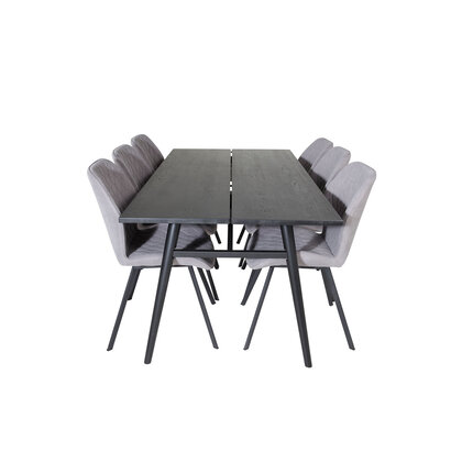 ebuy24 Sleek eethoek eetkamertafel uitschuifbare tafel lengte cm 195 / 280 zwart en 6 Gemma eetkamerstal grijs.