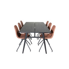 ebuy24 Sleek eethoek eetkamertafel uitschuifbare tafel lengte cm 195 / 280 zwart en 6 Polar eetkamerstal PU kunstleer bruin.