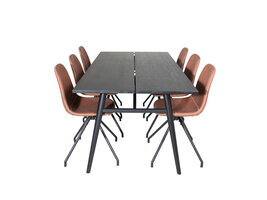 ebuy24 Sleek eethoek eetkamertafel uitschuifbare tafel lengte cm 195 / 280 zwart en 6 Polar eetkamerstal PU kunstleer bruin.