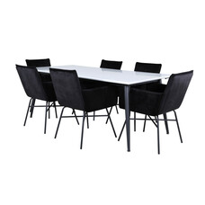 ebuy24 Jimmy195 eethoek eetkamertafel uitschuifbare tafel lengte cm 195 / 285 wit en 6 Pippi eetkamerstal velours zwart.