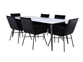 ebuy24 Jimmy195 eethoek eetkamertafel uitschuifbare tafel lengte cm 195 / 285 wit en 6 Pippi eetkamerstal velours zwart.