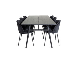 ebuy24 Sleek eethoek eetkamertafel uitschuifbare tafel lengte cm 195 / 280 zwart en 6 Wrinkles eetkamerstal velours zwart.