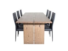 ebuy24 Logger eethoek eetkamertafel uitschuifbare tafel lengte cm 210 / 310 rokerig eik en 6 Slim High Back eetkamerstal PU kunstleer zwart.