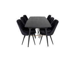 ebuy24 Gold eethoek eetkamertafel uitschuifbare tafel lengte cm 180 / 220 zwart en 6 Velvet Deluxe eetkamerstal velours zwart.