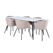 ebuy24 Jimmy195 eethoek eetkamertafel uitschuifbare tafel lengte cm 195 / 285 wit en 6 Berit eetkamerstal beige.