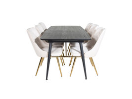 ebuy24 Gold eethoek eetkamertafel uitschuifbare tafel lengte cm 180 / 220 zwart en 6 Velvet Deluxe eetkamerstal velours beige, messing decor.