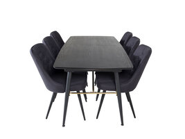 ebuy24 Gold eethoek eetkamertafel uitschuifbare tafel lengte cm 180 / 220 zwart en 6 Velvet Deluxe eetkamerstal zwart.