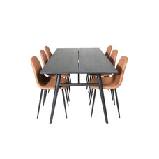 ebuy24 Sleek eethoek eetkamertafel uitschuifbare tafel lengte cm 195 / 280 zwart en 6 Polar eetkamerstal PU kunstleer bruin.