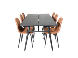 ebuy24 Sleek eethoek eetkamertafel uitschuifbare tafel lengte cm 195 / 280 zwart en 6 Polar eetkamerstal PU kunstleer bruin.