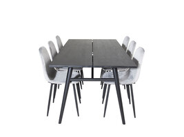 ebuy24 Sleek eethoek eetkamertafel uitschuifbare tafel lengte cm 195 / 280 zwart en 6 Polar Diamond eetkamerstal velours grijs.