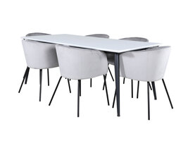 ebuy24 Jimmy195 eethoek eetkamertafel uitschuifbare tafel lengte cm 195 / 285 wit en 6 Berit eetkamerstal velours grijs.