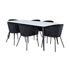 ebuy24 Jimmy195 eethoek eetkamertafel uitschuifbare tafel lengte cm 195 / 285 wit en 6 Berit eetkamerstal velours zwart.