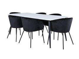 ebuy24 Jimmy195 eethoek eetkamertafel uitschuifbare tafel lengte cm 195 / 285 wit en 6 Berit eetkamerstal velours zwart.