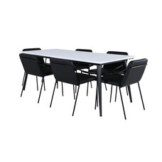 ebuy24 Jimmy195 eethoek eetkamertafel uitschuifbare tafel lengte cm 195 / 285 wit en 6 Tvist eetkamerstal PU kunstleer zwart.