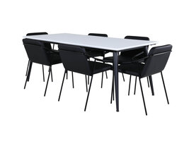 ebuy24 Jimmy195 eethoek eetkamertafel uitschuifbare tafel lengte cm 195 / 285 wit en 6 Tvist eetkamerstal PU kunstleer zwart.