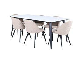 ebuy24 Jimmy195 eethoek eetkamertafel uitschuifbare tafel lengte cm 195 / 285 wit en 6 Velvet Stitches eetkamerstal beige.