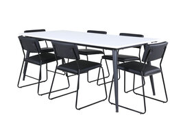 ebuy24 Jimmy195 eethoek eetkamertafel uitschuifbare tafel lengte cm 195 / 285 wit en 6 Kenth eetkamerstal PU kunstleer zwart.