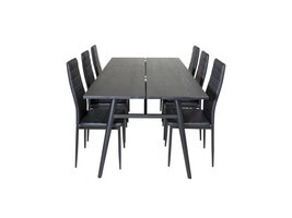 ebuy24 Sleek eethoek eetkamertafel uitschuifbare tafel lengte cm 195 / 280 zwart en 6 Slim High Back eetkamerstal PU kunstleer zwart.