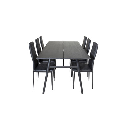 ebuy24 Sleek eethoek eetkamertafel uitschuifbare tafel lengte cm 195 / 280 zwart en 6 Slim High Back eetkamerstal PU kunstleer zwart.