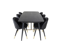 ebuy24 Gold eethoek eetkamertafel uitschuifbare tafel lengte cm 180 / 220 zwart en 6 Velvet eetkamerstal PU kunstleer zwart.